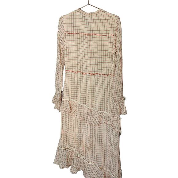DEREK LAM 10 Crosby Cream Red Tiered Windowpane Asymmetrical Ruffle Dress Size 8 - Picture 7 of 14